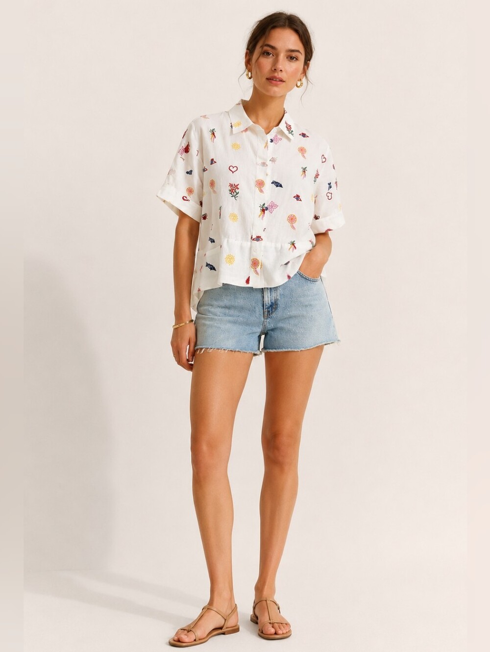 Caroline Constas Embroidered Linen Blend Blouse NWT Size M